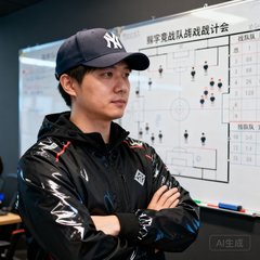 一位戴着棒球帽、穿着黑色运动外套的职业电竞战队教练的侧面半身照，他双手交叉抱在胸前，背景是战队训练基地的战术分析白板。